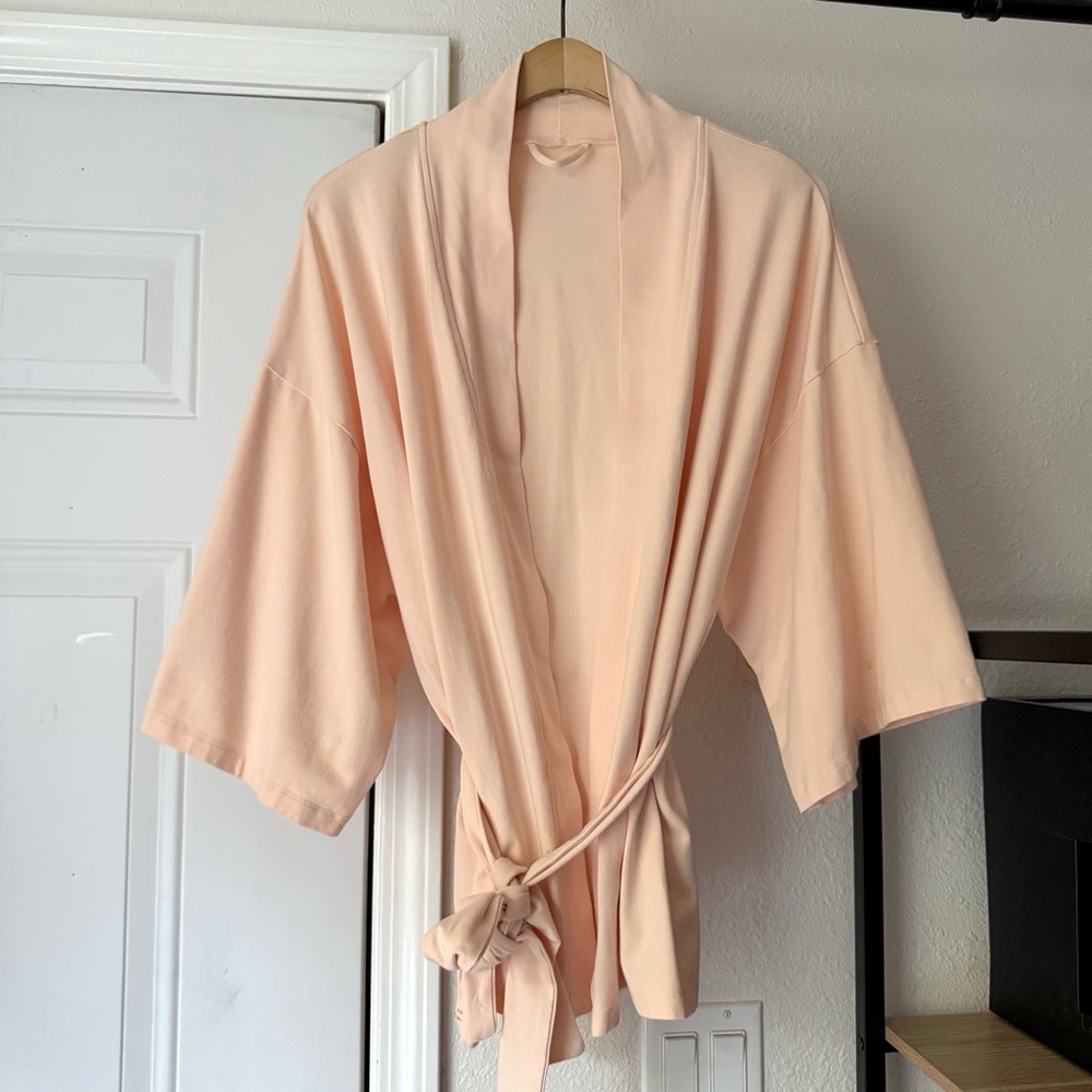 STORQ peach pink orange cotton kimono short sleeve belted cropped robe jacket‎